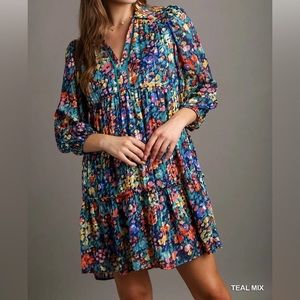 NEW Umgee Teal Metallic Floral Dress Size Small